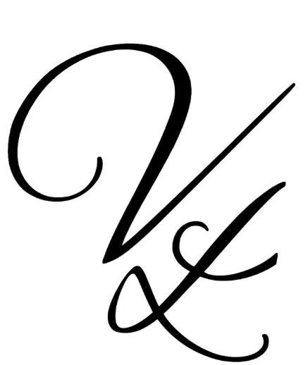Decorative initials 'VK' in a stylized, cursive font on a white background